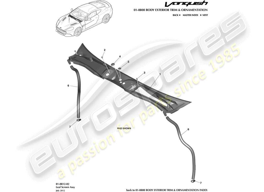 aston martin vanquish (2015) assemblaggio dello schermo a foglia diagramma delle parti