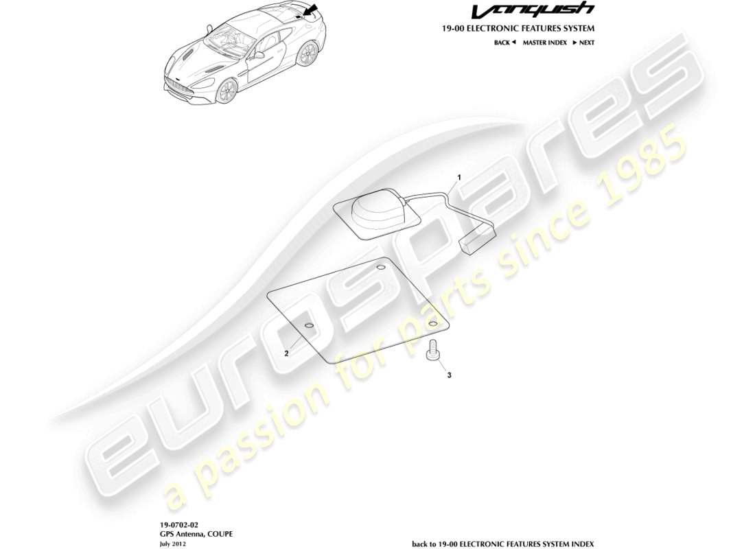 aston martin vanquish (2017) antenna gps, diagramma delle parti del coupé