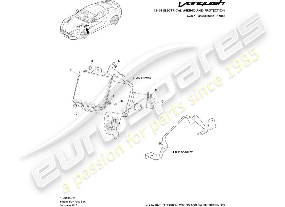 aston martin vanquish (2018) scatola dei fusibili del vano motore diagramma delle parti