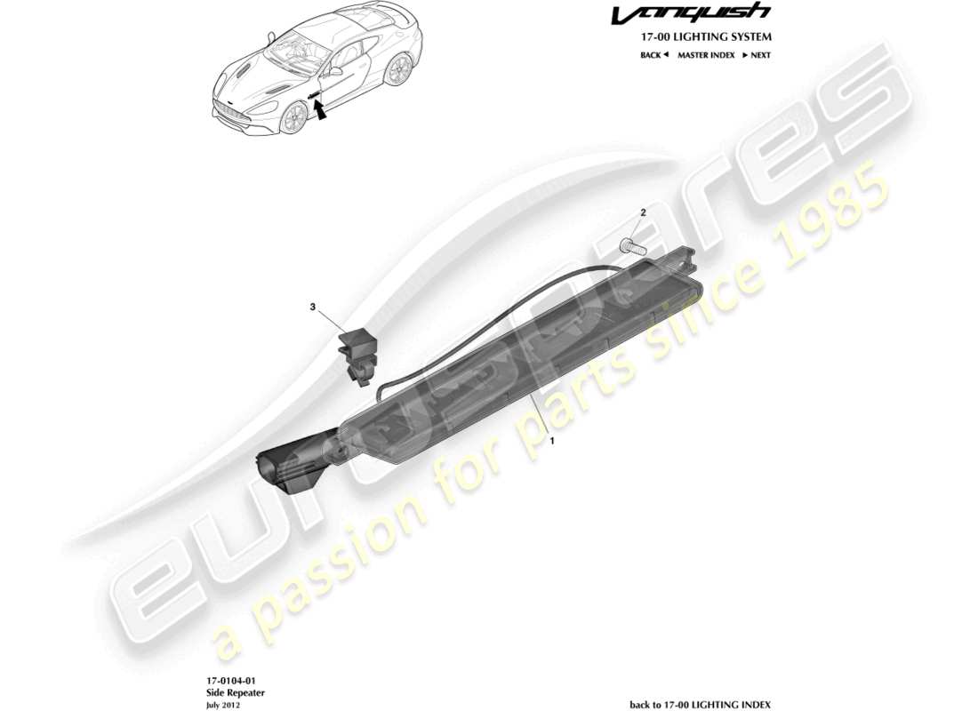 aston martin vanquish (2017) diagramma delle parti dei ripetitori laterali