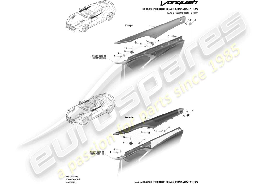 aston martin vanquish (2015) diagramma delle parti del rullo superiore della porta