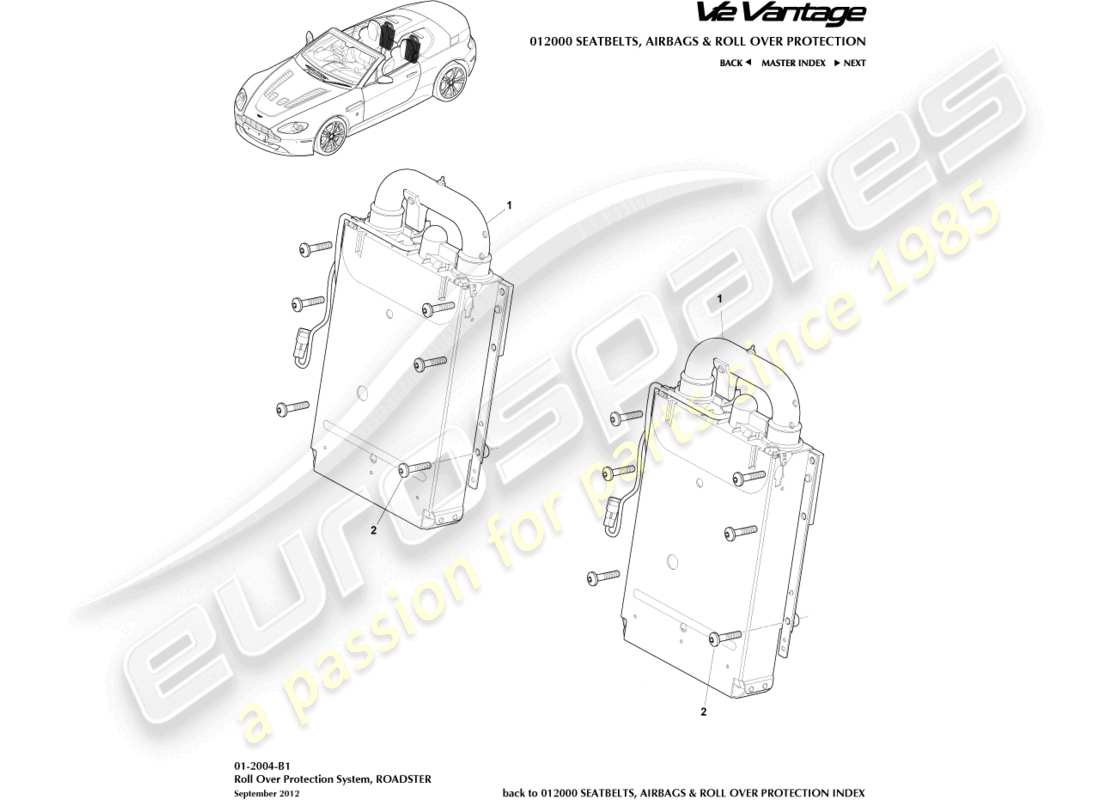 aston martin v12 vantage (2011) installazione rops, diagramma delle parti della roadster