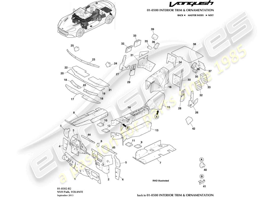 aston martin vanquish (2017) pastiglie nbh, diagramma delle parti volante