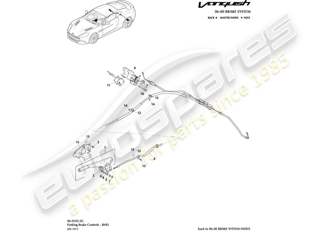 aston martin vanquish (2017) freno di stazionamento, schema delle parti con guida a destra