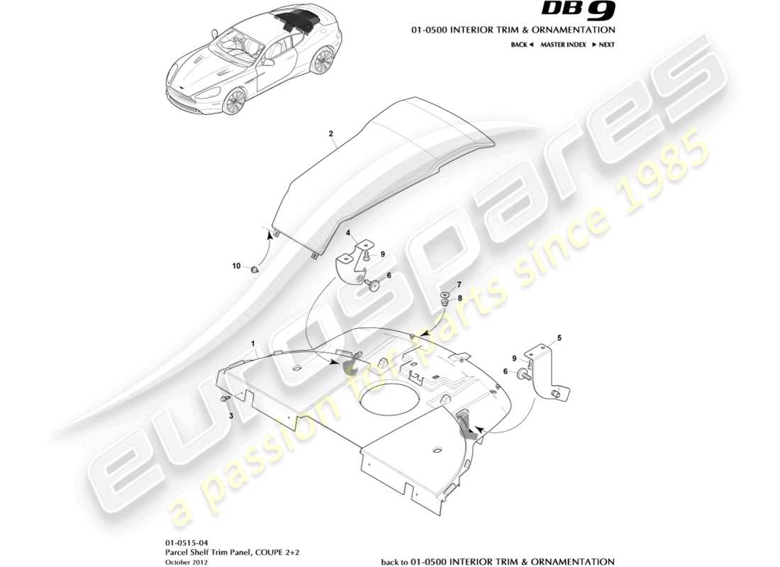 aston martin db9 (2016) pannello di rivestimento del ripiano portaoggetti, diagramma delle parti del coupé 2+2