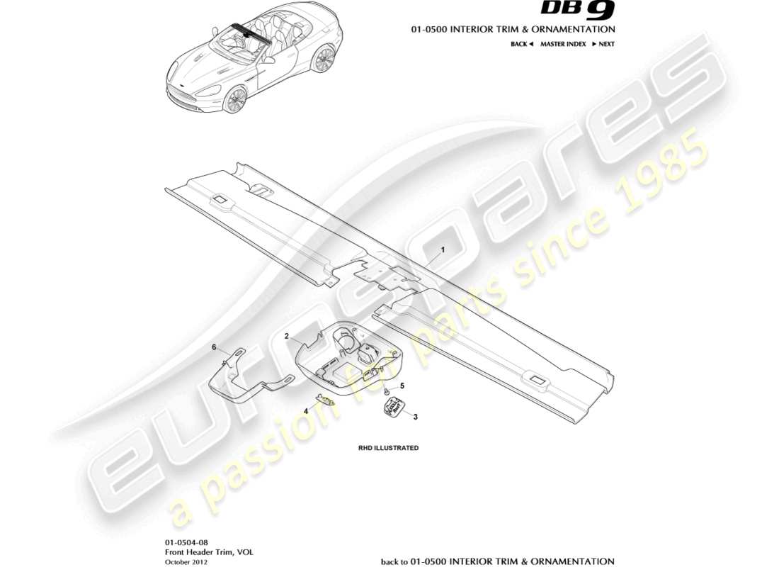 aston martin db9 (2016) rivestimento della testata anteriore, diagramma delle parti volante