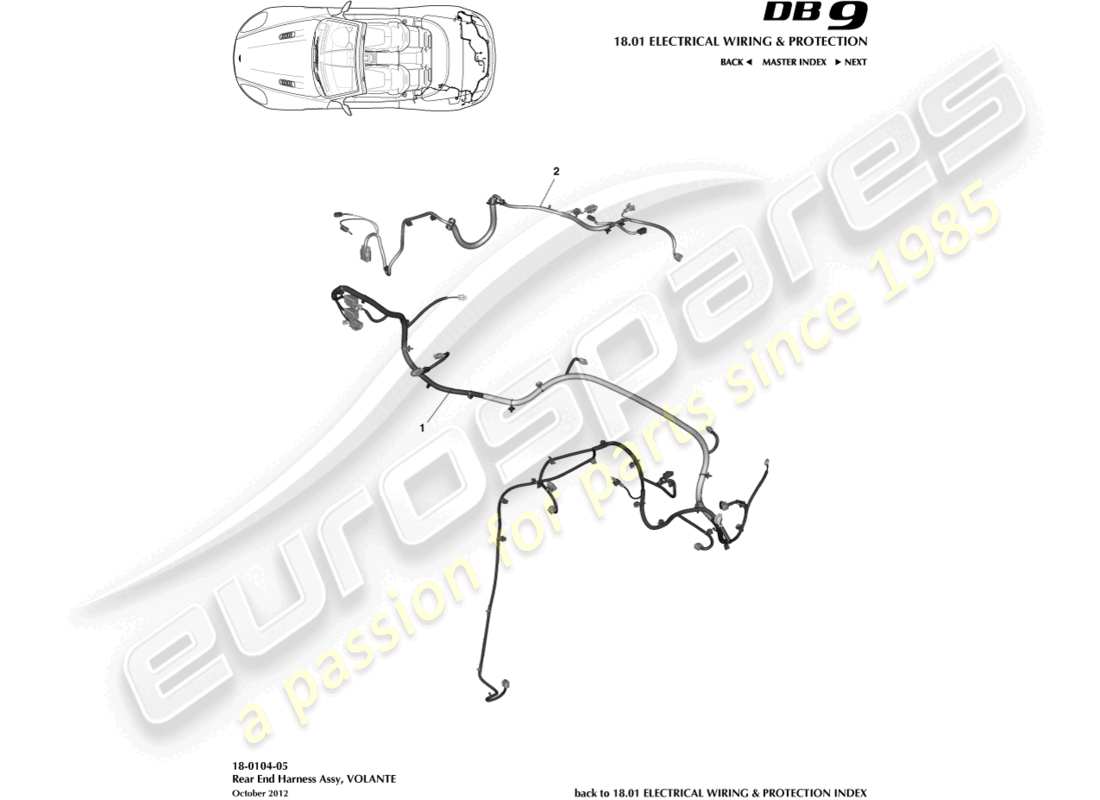 aston martin db9 (2016) cablaggio dell'estremità posteriore, diagramma delle parti del volante