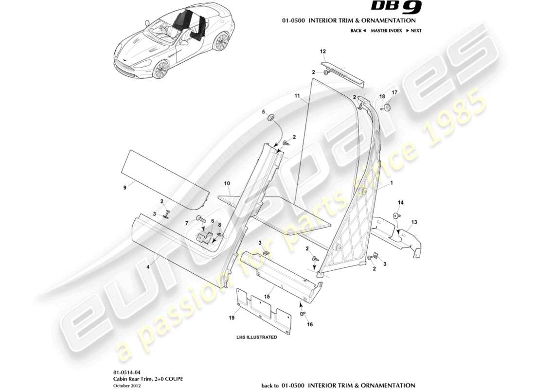 aston martin db9 (2014) rivestimento posteriore dell'abitacolo, 2+0 diagramma delle parti del coupé