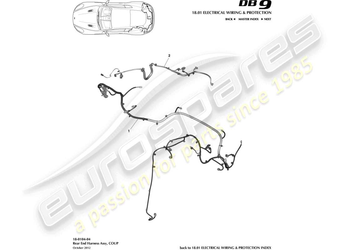 aston martin db9 (2014) cablaggio dell'estremità posteriore, diagramma delle parti della coupé