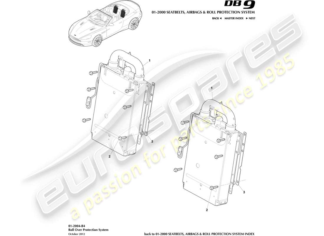 aston martin db9 (2016) ausfahrbarer überrollbügel, volante teilediagramm
