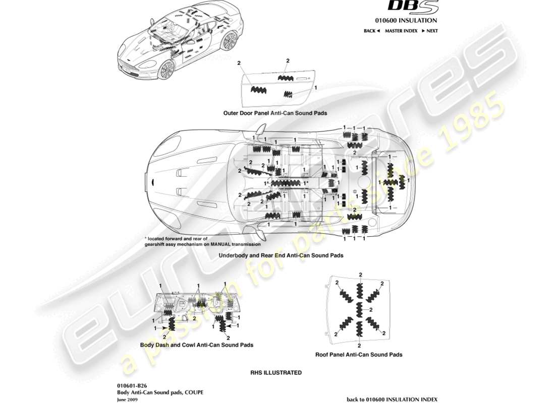 aston martin dbs (2007) anti-can-sound-pads, coupé teilediagramm