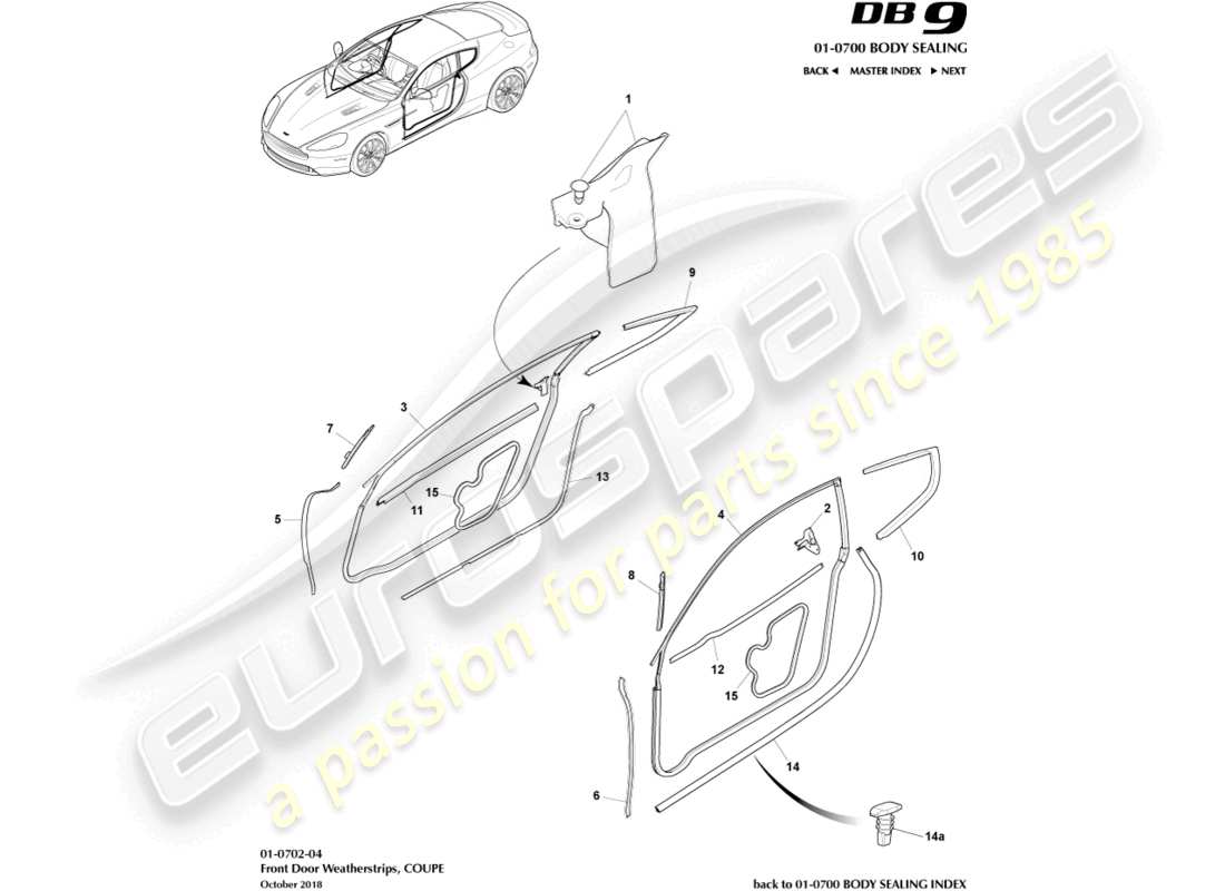 aston martin db9 (2016) guarnizioni per portiere, diagramma delle parti della coupé