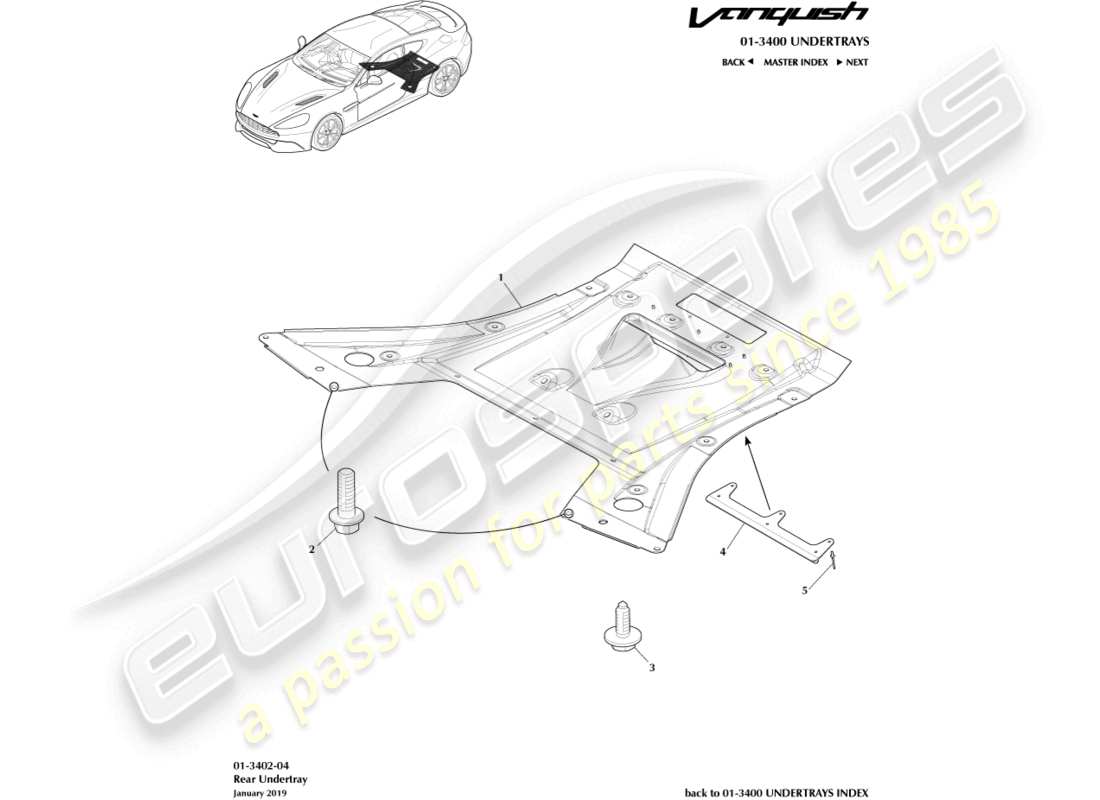 aston martin vanquish (2017) sottocodone posteriore, schema delle parti coupé