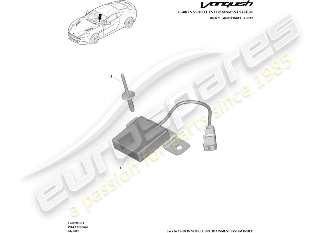 aston martin vanquish (2017) diagramma delle parti dell'antenna wi-fi