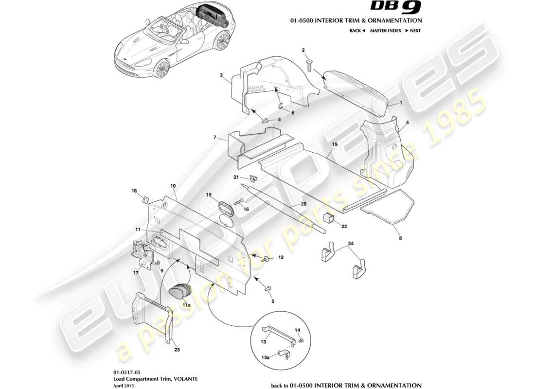 aston martin db9 (2014) rivestimento del vano di carico, diagramma delle parti del volante