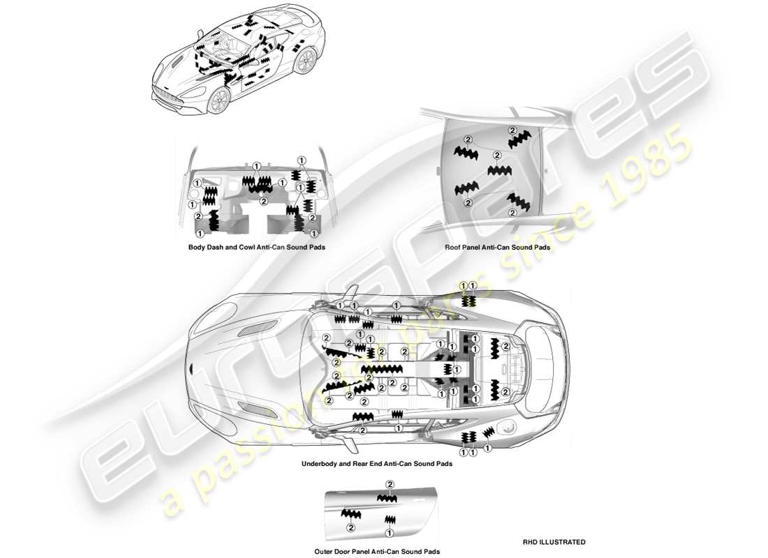 aston martin vanquish (2014) cuscinetti anti-can, diagramma delle parti del coupé