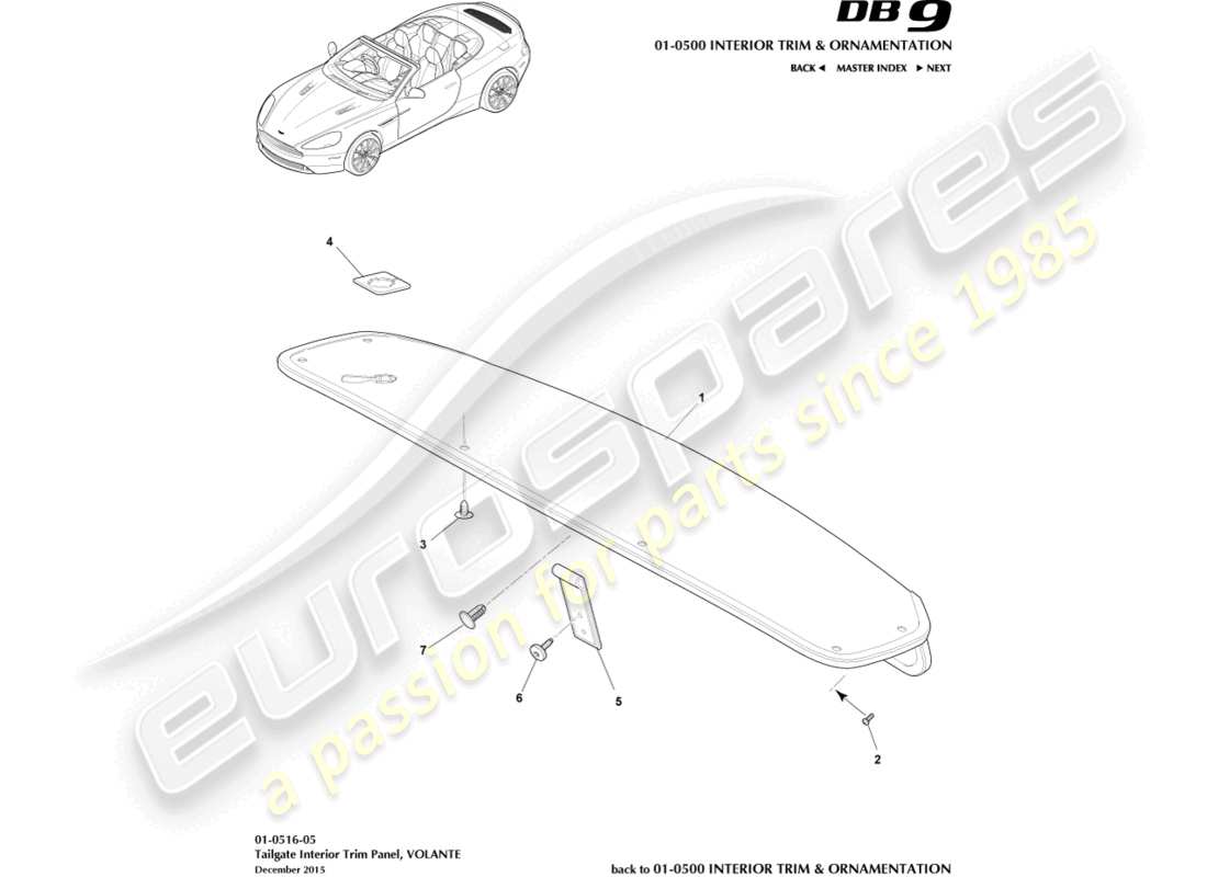 aston martin db9 (2014) pannello di rivestimento del portellone posteriore, volante diagramma delle parti
