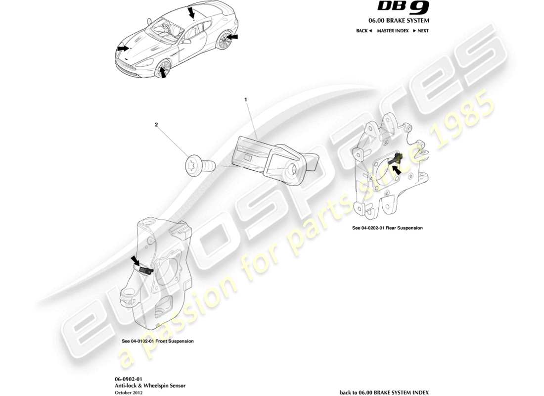 aston martin db9 (2014) diagramma delle parti dei sensori di velocità delle ruote