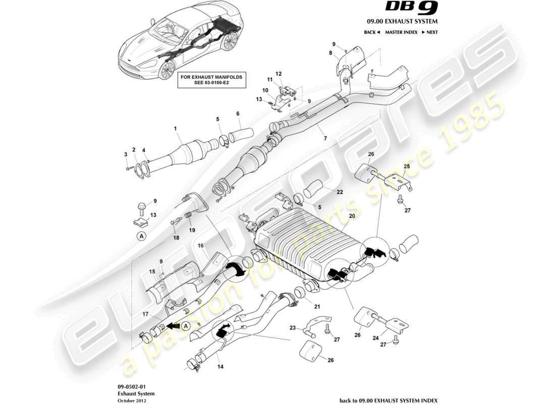 aston martin db9 (2014) diagramma delle parti del sistema di scarico