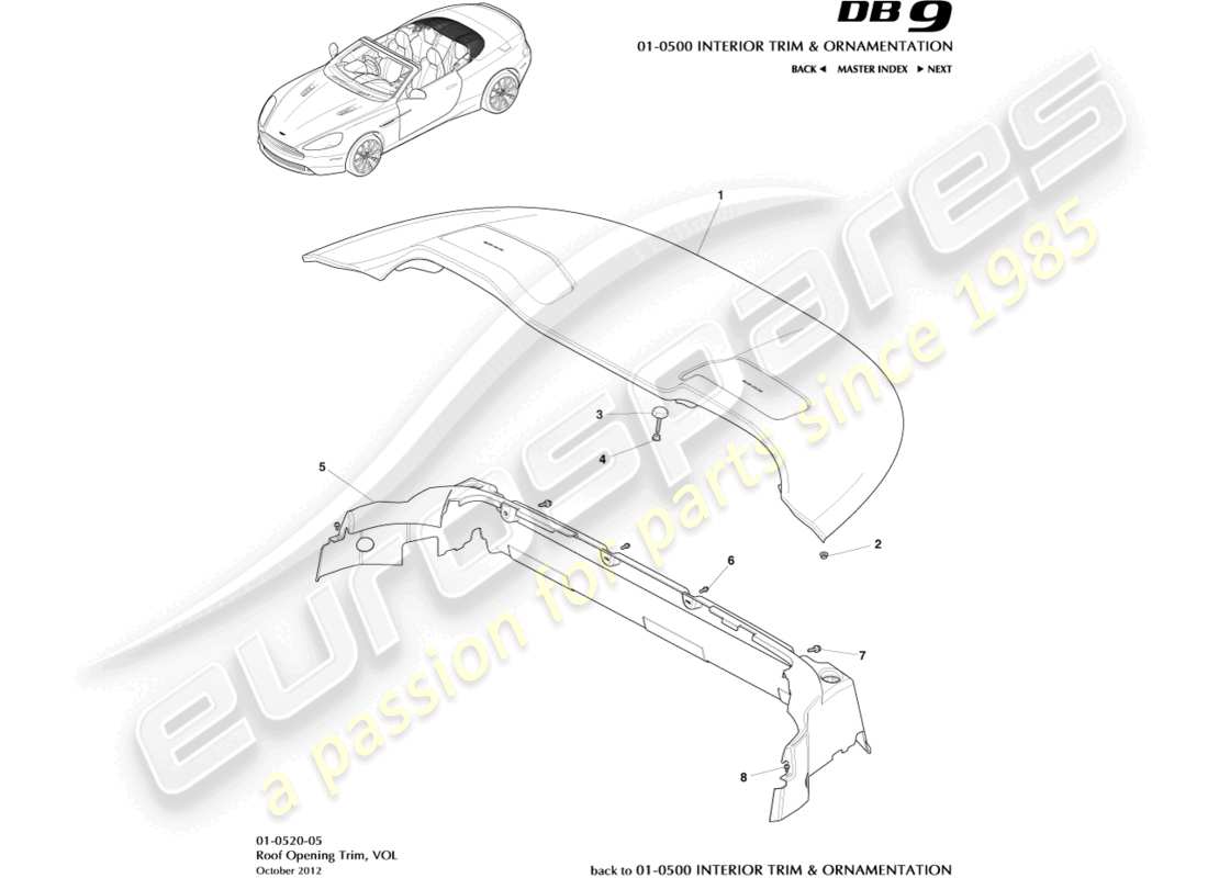 aston martin db9 (2014) rivestimento dell'apertura del tetto, diagramma delle parti del volante