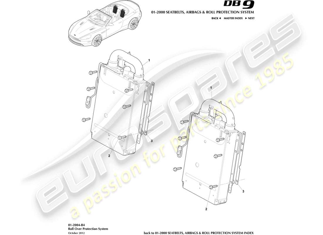 aston martin db9 (2014) rollbar ripiegabile, diagramma delle parti volante