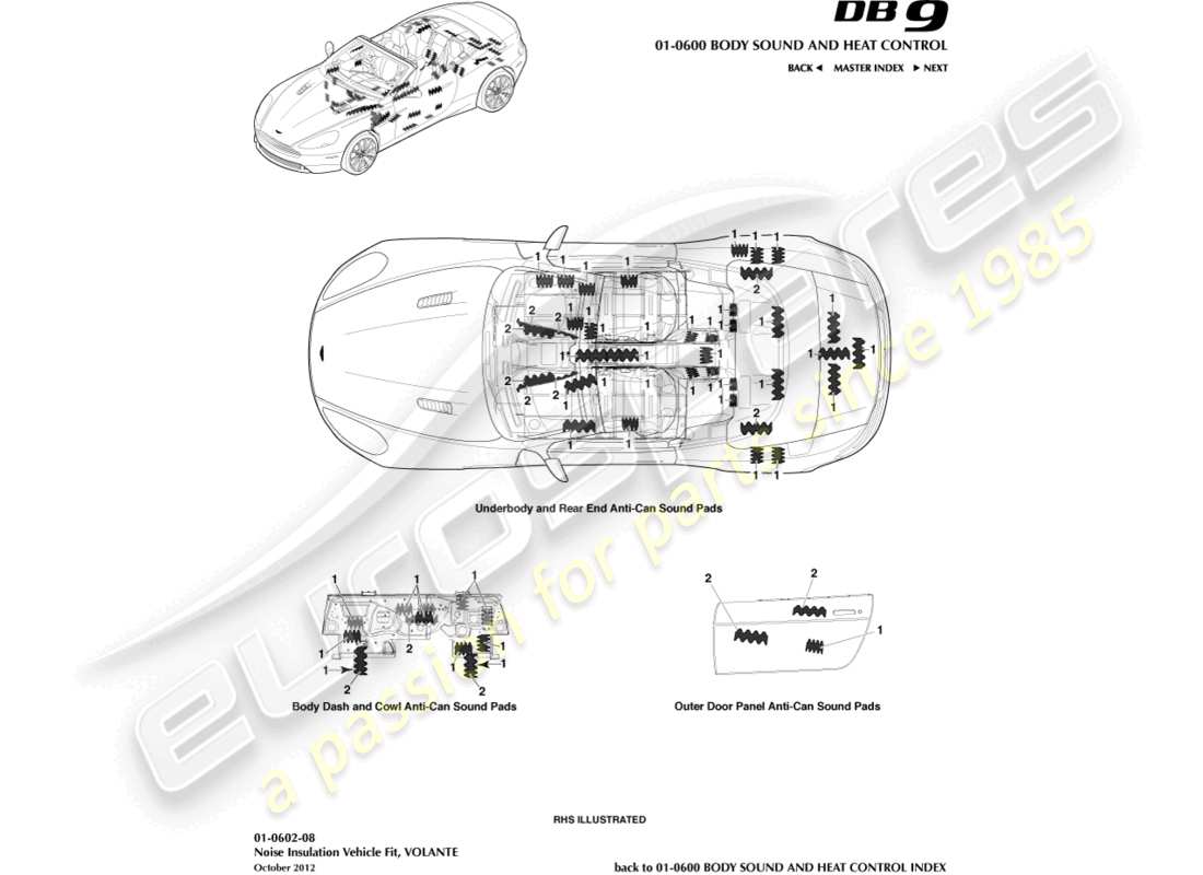 aston martin db9 (2014) isolamento acustico, diagramma delle parti volante