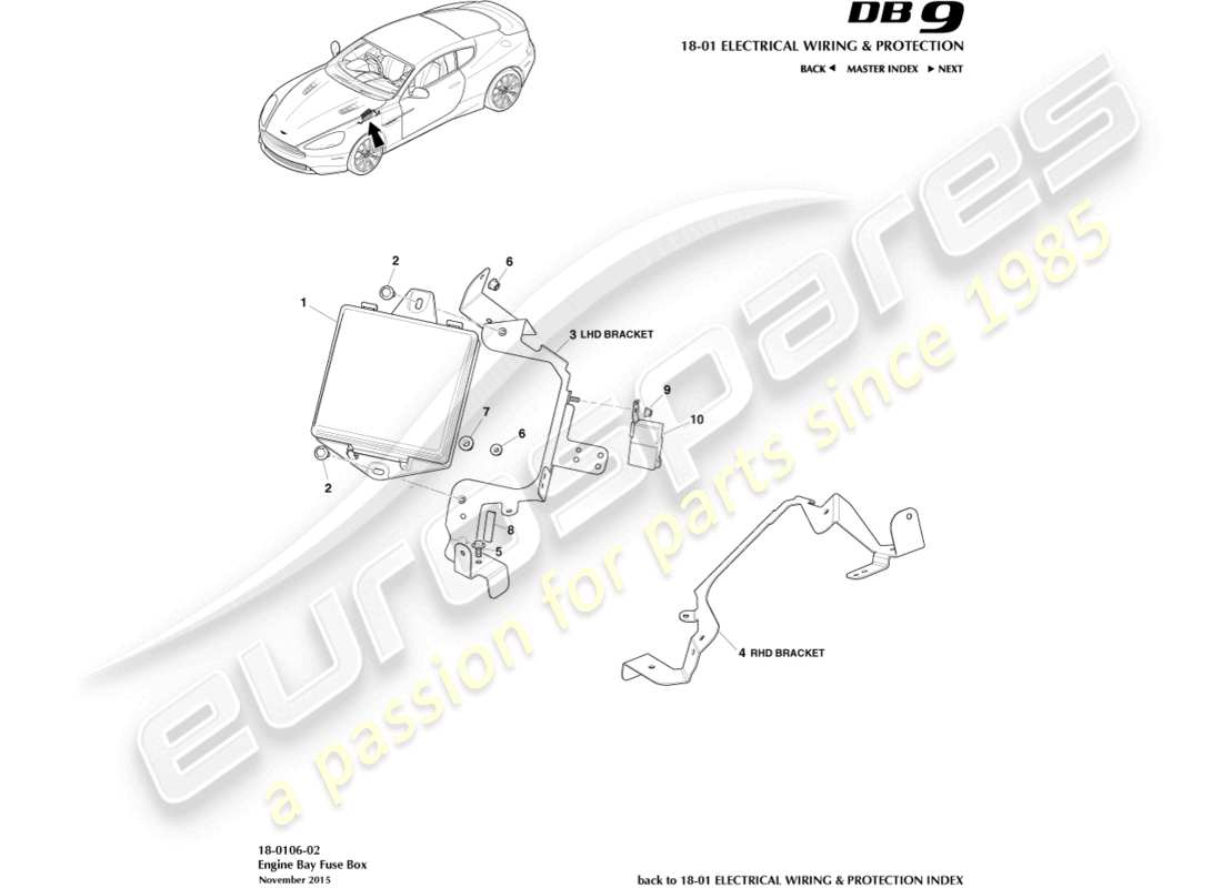 aston martin db9 (2014) diagramma delle parti della scatola dei fusibili del vano motore