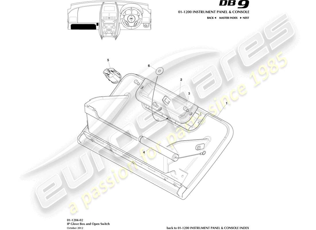 aston martin db9 (2016) diagramma delle parti dell'interruttore del vano portaoggetti