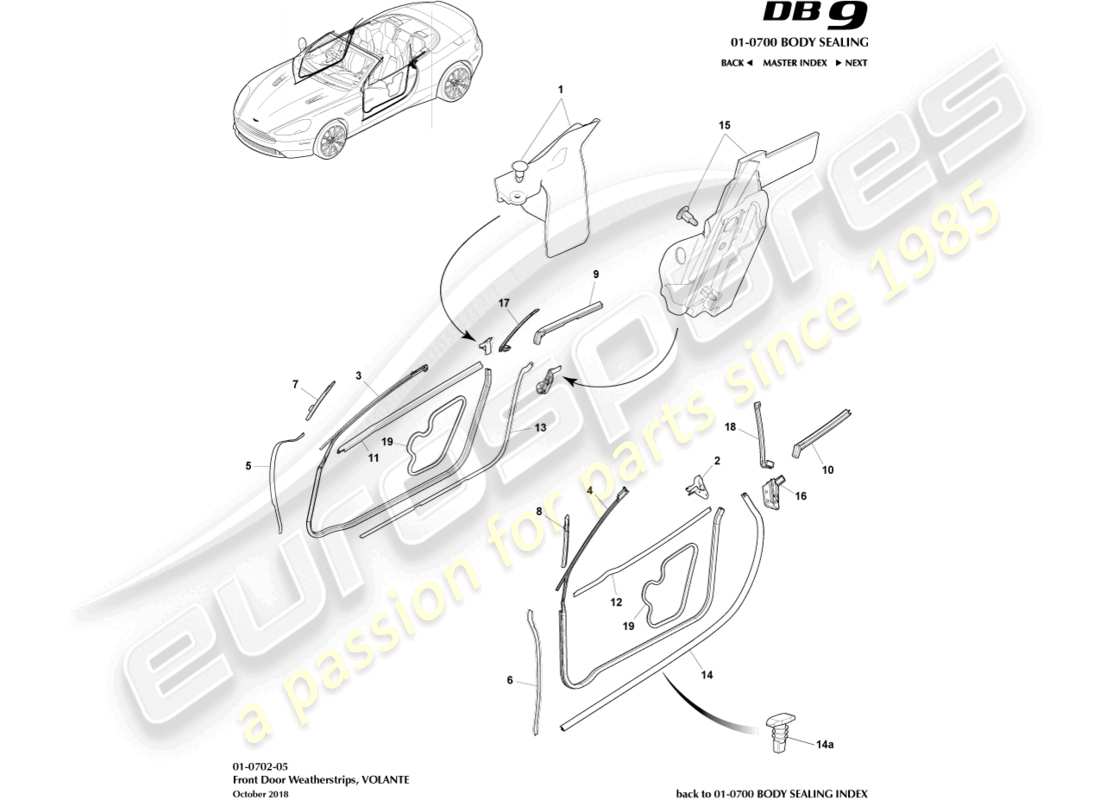 aston martin db9 (2014) guarnizioni per porte, diagramma delle parti volante