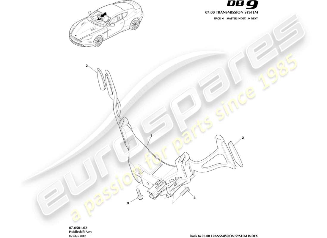 aston martin db9 (2014) diagramma delle parti del cambio al volante