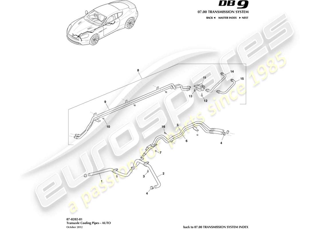 aston martin db9 (2017) tubi del radiatore dell'olio della trasmissione diagramma delle parti