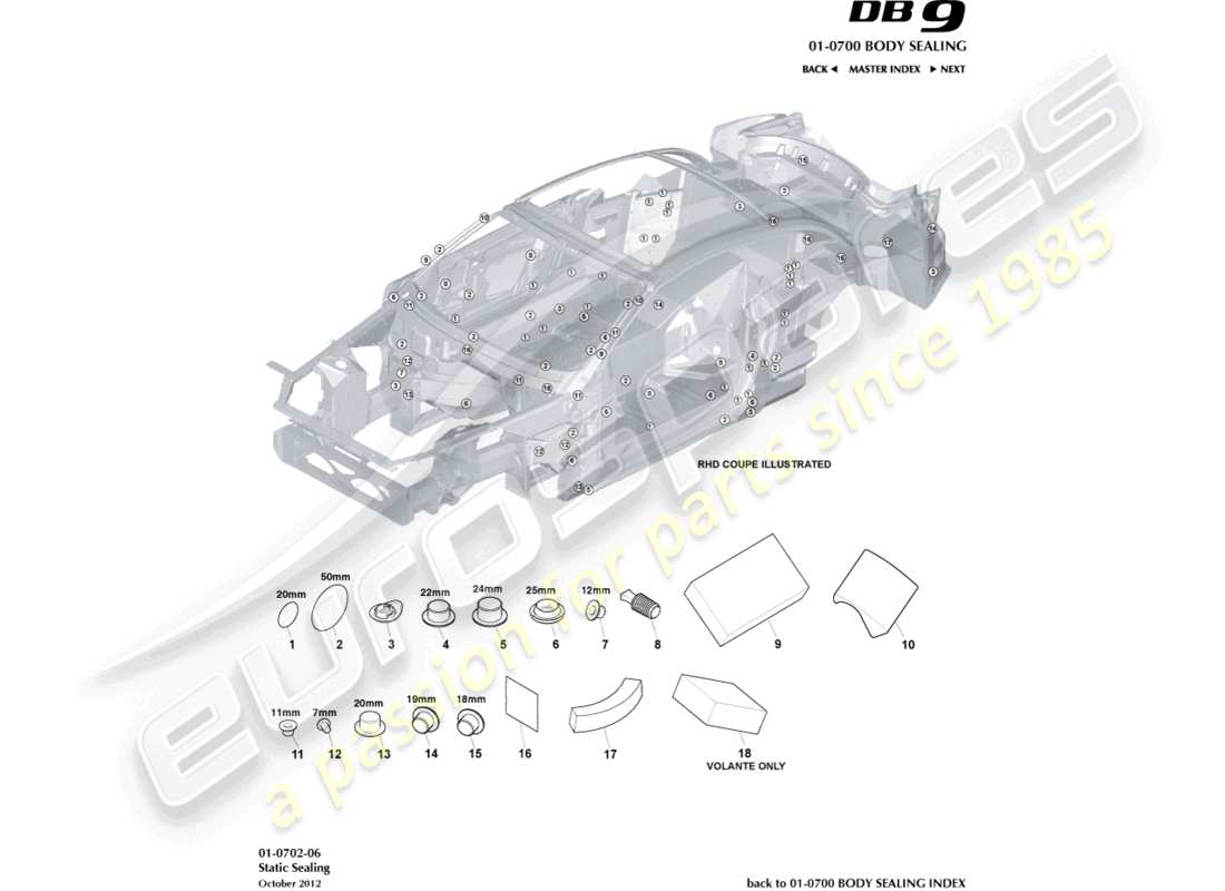 aston martin db9 (2014) sigillatura statica diagramma delle parti