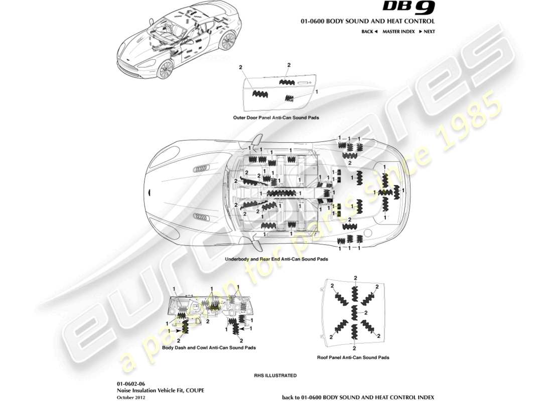 aston martin db9 (2014) isolamento acustico, diagramma delle parti coupé