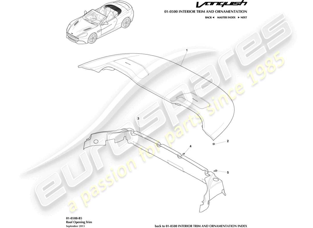 aston martin vanquish (2017) rivestimento dell'apertura del tetto, diagramma delle parti del volante