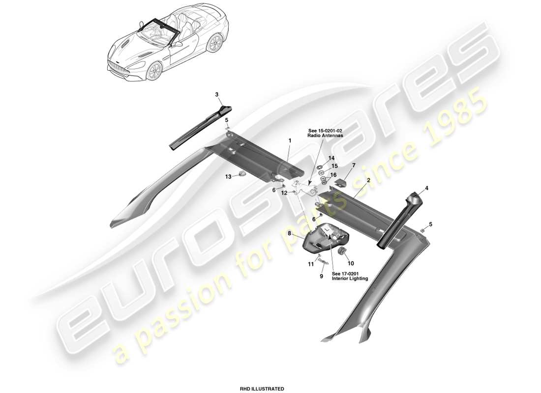aston martin vanquish (2014) rivestimento della testata anteriore, diagramma delle parti volante