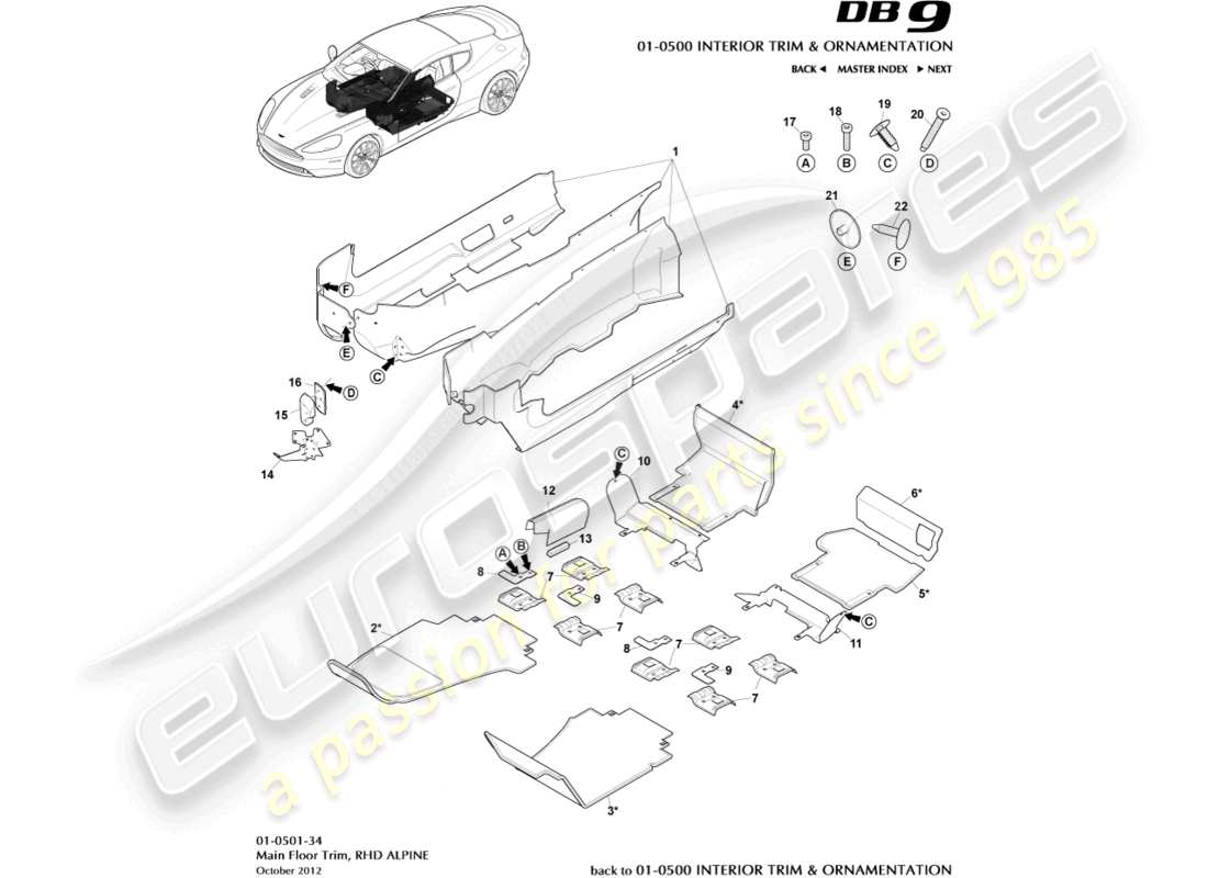 aston martin db9 (2016) rivestimento del pavimento principale, guida a destra, diagramma delle parti alpine