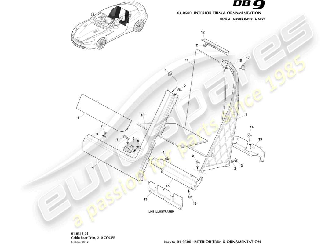 aston martin db9 (2015) rivestimento posteriore cabina, 2+0 coupé diagramma delle parti