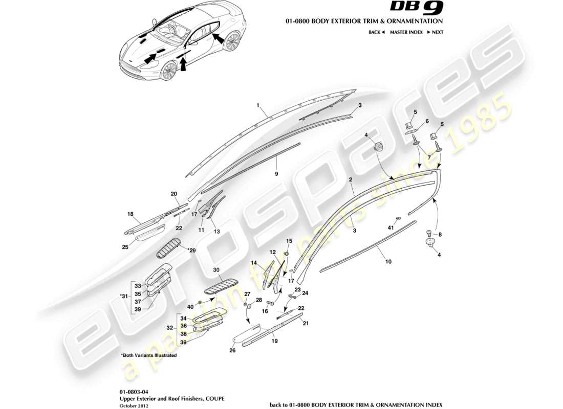 aston martin db9 (2016) finiture esterne superiori, diagramma delle parti coupé