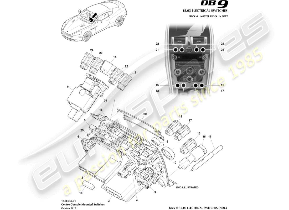 aston martin db9 (2016) mittelkonsolenschalter, bis 16my teilediagramm