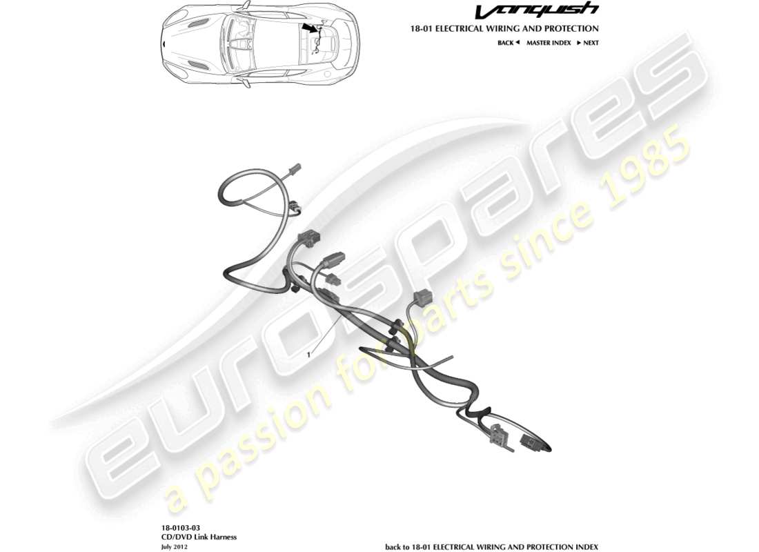 aston martin vanquish (2015) cablaggio di collegamento cd/dvd diagramma delle parti