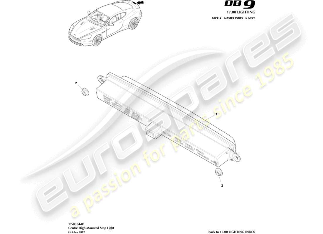 aston martin db9 (2016) diagramma delle parti della luce stop montata in alto