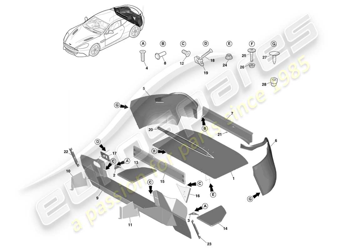 aston martin vanquish (2013) rivestimento del vano di carico, coupé diagramma delle parti
