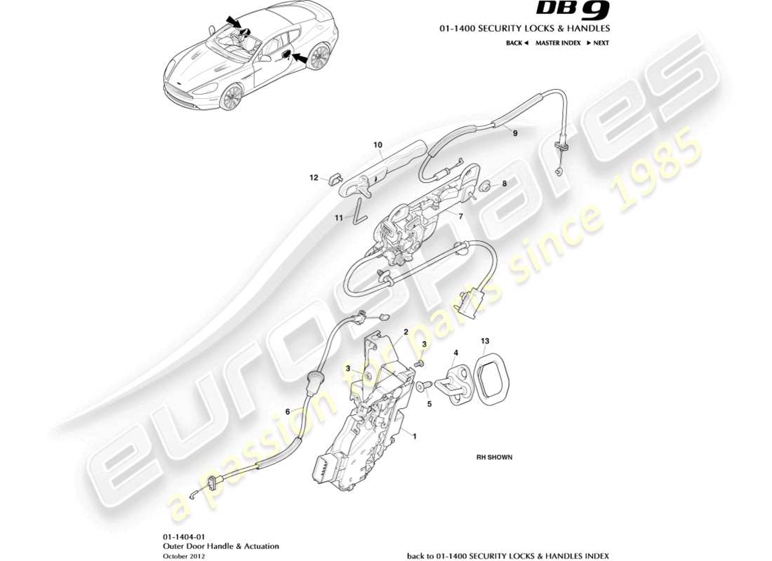 aston martin db9 (2016) maniglie esterne e diagramma delle parti di attuazione