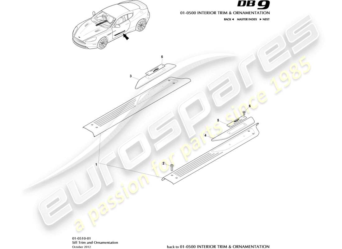 aston martin db9 (2017) rifiniture e ornamenti del davanzale diagramma delle parti
