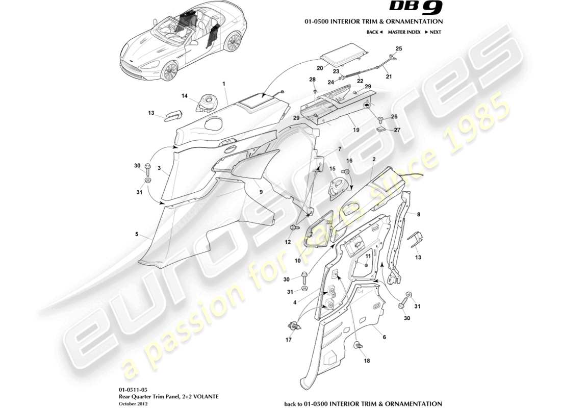 aston martin db9 (2013) pannello di rivestimento del quarto posteriore, 2+2 diagramma delle parti volante