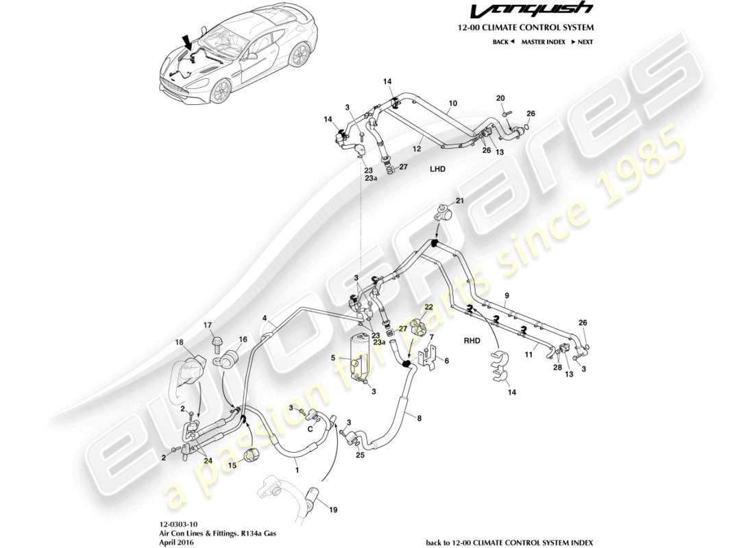 aston martin vanquish (2015) linee di aria condizionata, diagramma delle parti del gas r134a