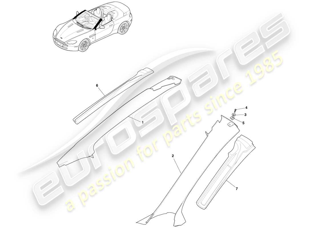 aston martin v8 vantage (2007) schema delle parti del rivestimento del montante, superiore e roadster