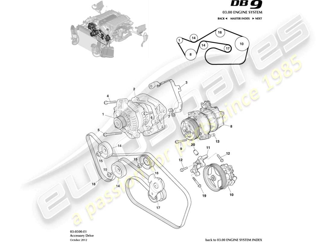 aston martin db9 (2014) diagramma delle parti della trasmissione accessoria