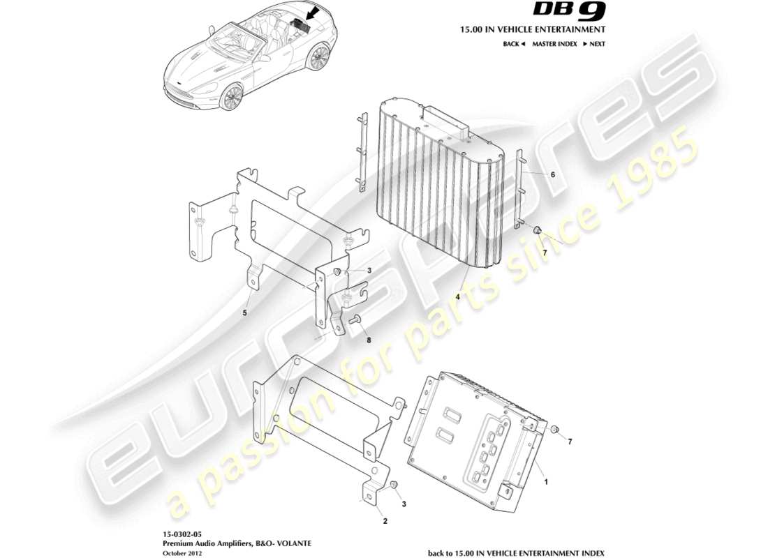 aston martin db9 (2013) amplificatori, b&o, diagramma delle parti volante