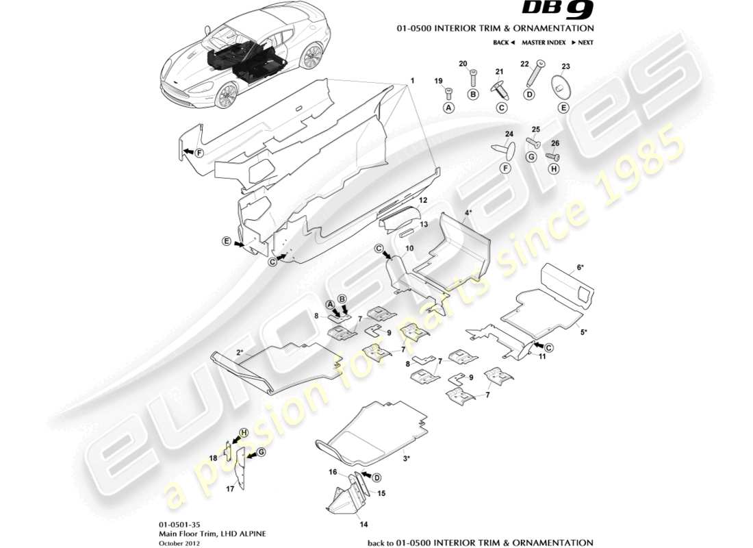 aston martin db9 (2014) rivestimento del pavimento principale, guida a sinistra, diagramma delle parti alpine